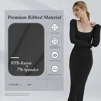 Robe Maxi Sculptante à Manches Longues et Col Carré